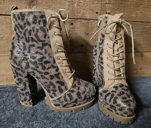 Wild Diva Vivian 15 Leopard Rhinestone High Heel Platform Ankle Boots Size 7.5 - Picture 1 of 11