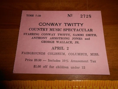 Редкий билет на концерт Conway Twitty 1969 Колумбус Миссисипи - Изображение 1 из 2