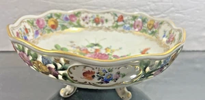 Carl Thieme Dresden Reticulado 8 1/2" Pintado a Mano Patas Cuenco Cesta Alemania - Imagen 1 de 13