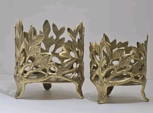 Vintage Biedermann India Leaves Pattern 5" & 4 1/4" H Brass Candle Holders - Picture 1 of 15