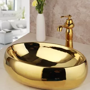 Bathroom Gold Ceramic Vessel Oval Sink Mixer 1 Hole Faucet Pop Up Drain Combo - Picture 1 of 8