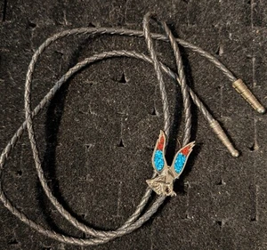 Silver Tone Red and BlueChip Inlay Eagle Bolo Tie with Black Cord - Picture 1 of 3