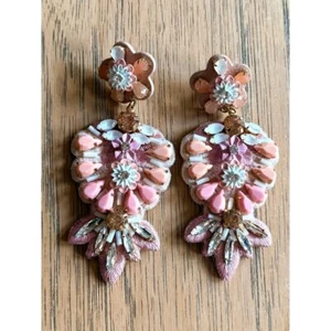 J Crew Statement Floral Drop Earrings Pink Rhinestones Vintage Style Chandelier - Picture 1 of 8
