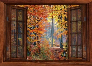 Wandbild Herbst Fototapete Poster Fensterblick Blätter bunt Stimmung FE169LI - Bild 1 von 7