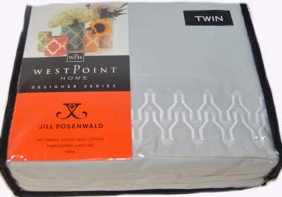JILL ROSENWALD Plimpton Flame Embroidered Pearl Grey 3PC TWIN SHEET SET COTTON - Image 1 of 4