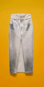 Zara The Pleated High Rise Silver Skirt Denim Metallic Midi Belted Skirt! S - Picture 1 of 7