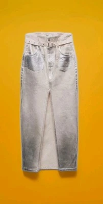Zara La Falda Plisada Tiro Alto Plateada Denim Metálica Midi Falda con Cinturón! S Foto 1 de 4