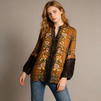 Blusa Camisa Johnny Was Terciopelo Seda Algodón Cuadros Bordada Floral Nueva Sin Etiquetas S Foto 1 de 4