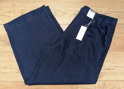 BNWT M&S NAVY Blue Pure Linen Wide Leg Pleated Front Trousers UK 20 short - Image 1 of 4