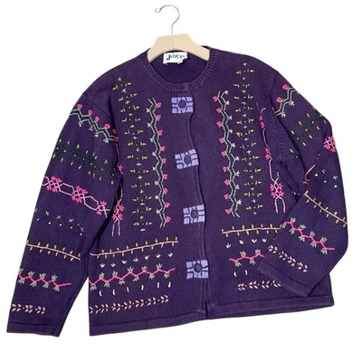 VINTAGE 90s JOYCE XL Embroidered Floral Cardigan Purple Granny Cottagecore - Image 1 of 4