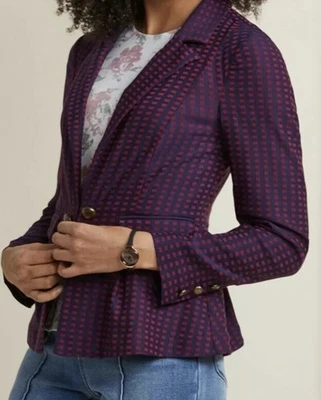 Modcloth Peplum Blazer Womens Navy Maroon Check Secretary Preppy Retro Medium - Image 1 of 4