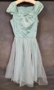 True Vintage hellgrünes handgefertigtes langes Kleid Tüll Spitze 47" XS-S Größe - Bild 1 von 9