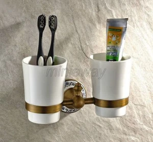 Antique Brass Wall Mounted Bathroom Toothbrush Holders Dual Ceramic Cups mba408 - Picture 1 of 5
