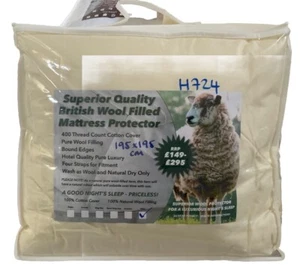 LUXURIOUS WOOL FILLED MATTRESS PROTECTOR 195 cm X 195 cm SIZE WOOL 400 T/C H724 - Picture 1 of 6