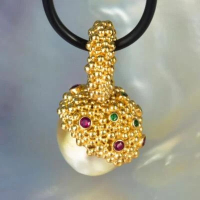 Gigantische South Sea Pearl Pendant,Gold Vermeil Sterling,Rosa & Smaragd 10.92g - Bild 1 von 4