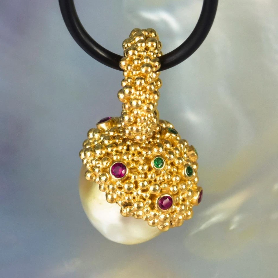 Gigantische South Sea Pearl Pendant,Gold Vermeil Sterling,Rosa & Smaragd 10.92g - Bild 1 von 4