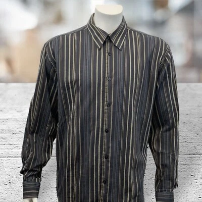Camisa para hombre The Havanera Co. gris tostado manga larga a rayas botones delanteros talla XL Foto 1 de 4