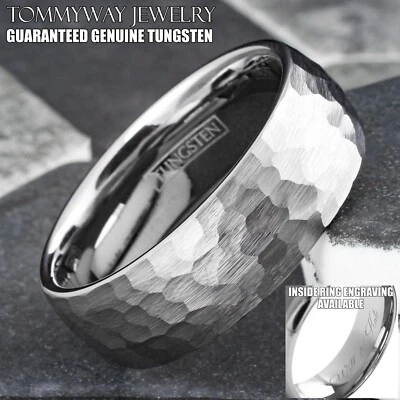 Engraved 8mm Silver Tungsten Hammered Brushed Finish Men's Wedding Band Ring - Image 1 of 4