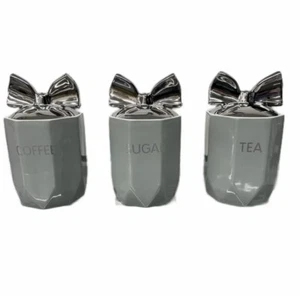 Tea Coffee Sugar Jar Grey Chrome Bow Storage Set Ceramic Air Tight Canisters - Picture 1 of 6