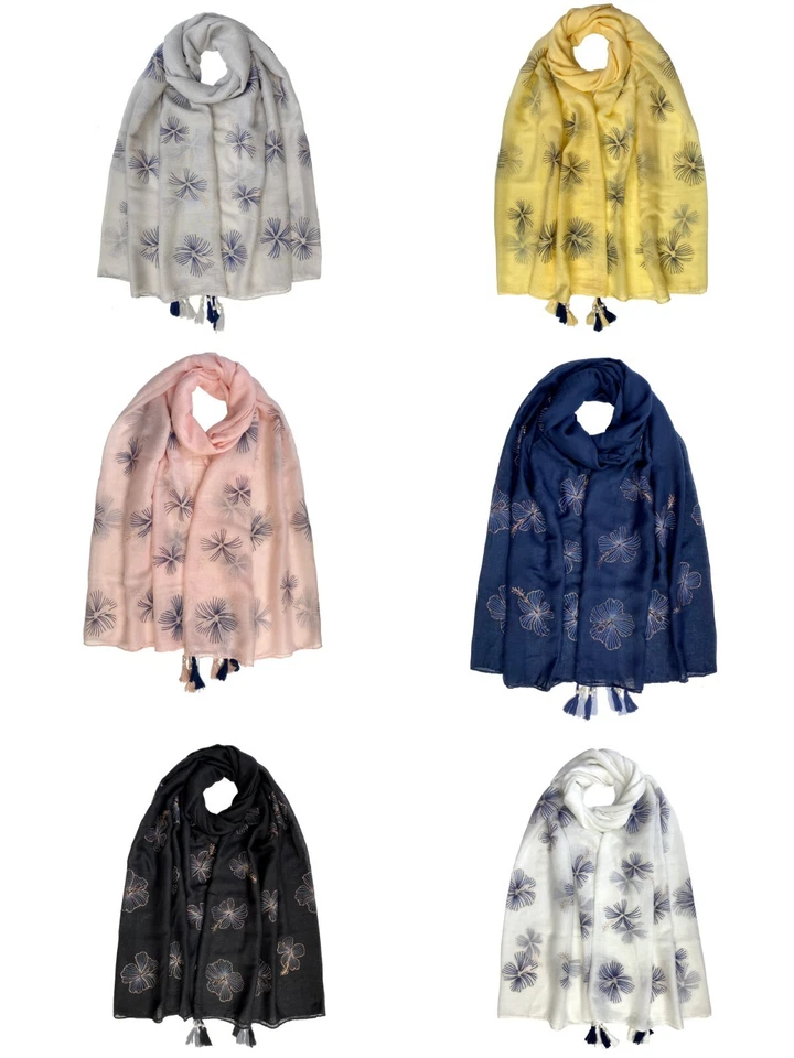 C&L Floral Print Foil Scarf with Pearl Tassels Ladies Pretty Shawl Wrap Pashmina