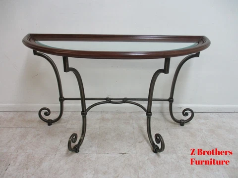 Ethan Allen Console Table Tuscany Wrought Iron Wood Demilune Server Cover