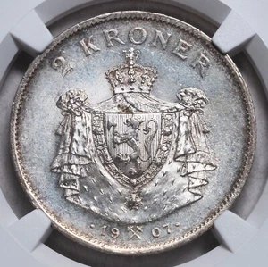 1907, Kingdom of Norway, Haakon VII. Nice Silver 2 Kroner Coin. NGC MS-64! - Picture 1 of 4