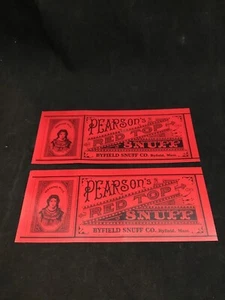 2 1930s PEARSONS RED TOP SNUFF BYFIELD SNUFF CO BYFIELD MASS Unused LABELS. S51 - Picture 1 of 3