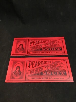 2 1930s PEARSONS RED TOP SNUFF BYFIELD SNUFF CO BYFIELD MASS Unused LABELS. S51 - Imagem 1 de 3