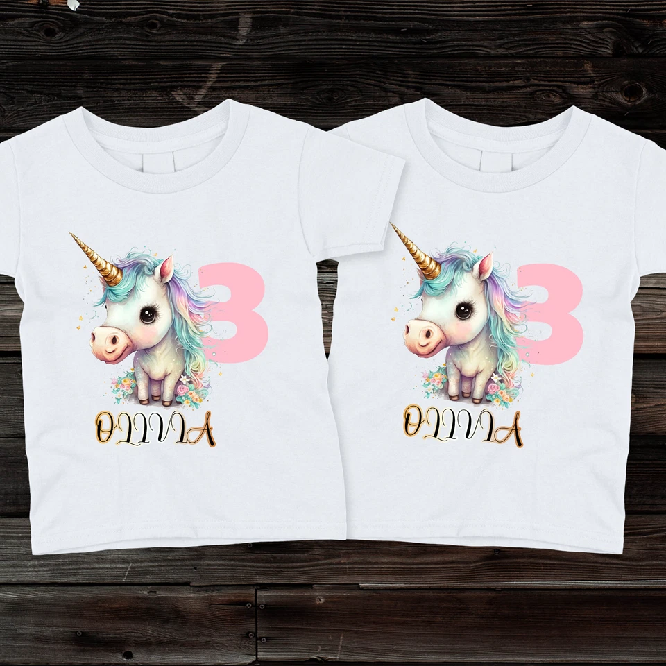 Camiseta de cumpleaños personalizada floral unicornio para niños, niñas y niños pequeños Foto 1 de 1
