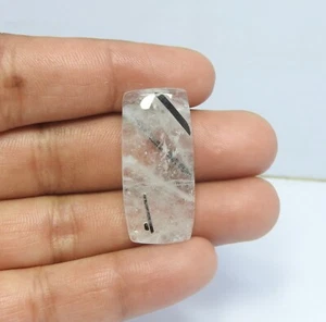 27.00 Cts Natural Black Rutile Quartz Jewelry Gemstone Cabochon Size 15x32x5 mm - Picture 1 of 8