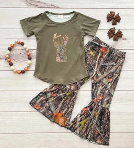 Country Little Baby Girls Boutique Outfit Camouflage Deer Bell Bottom Pants Set - Picture 1 of 21