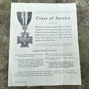 ORIGINAL WWI WW1 United Daughters of the Confederacy UDC Medal Paper Insert - Bild 1 von 2