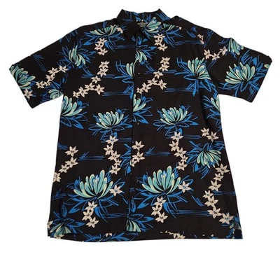 Cubavera 夏威夷衬衫纽扣花卉人造丝黑色蓝色男式中号全新无标签  — 第 1/4 张图片