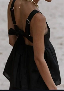 Dissh womens size 16 black linen open elastic back gold buckle top - Picture 1 of 14