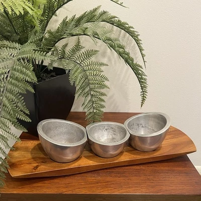 Vintage Nambe Condiment or Dipping Bowl Set with Wood Tray by Neil Cohen - Image 1 of 4