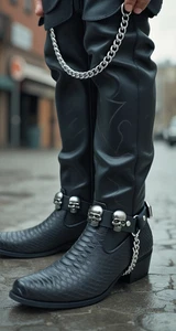 Men Boots Silver Metal Chain Black Faux Leather 2PCS Straps Skull Charms Biker - Picture 1 of 20