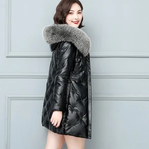Women Fur Jacket Slimming Mid Length Genuine Leather Down Fox Fur Collar Jacket - Picture 1 of 27
