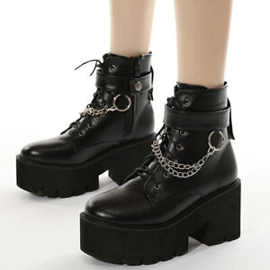 Punk Women's Chain Ankle Boots Chelsea Platform Goth Chunky High Heels Zip Shoes