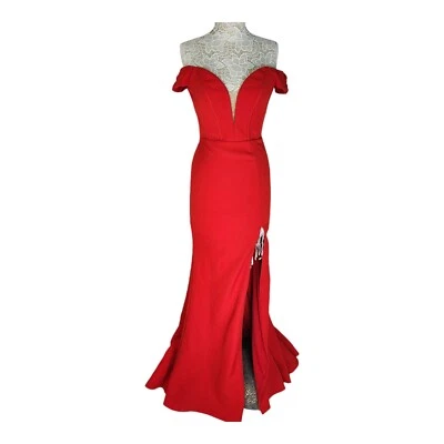 NUEVO CON ETIQUETAS Faviana Formal Baile de graduación Vestido de Noche Talla 4 Rojo Fuera del Hombro Tren Foto 1 de 4