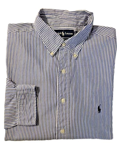 Ralph Lauren Mens Button Down Shirt Blue White Stripes Blue Pony Size 18 36/37 - Picture 1 of 4