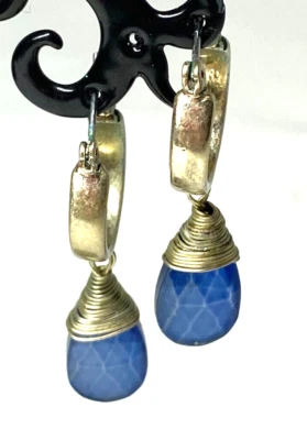 Kenneth Cole Earrings Matte Gold Tone Huggie Hoop Dangle Wire Wrap Blue Stone - Image 1 of 4