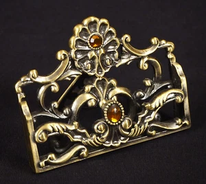Portatarjetas de visita de escritorio Art Nouveau de metal de latón vintage con pergaminos florales - Imagen 1 de 5