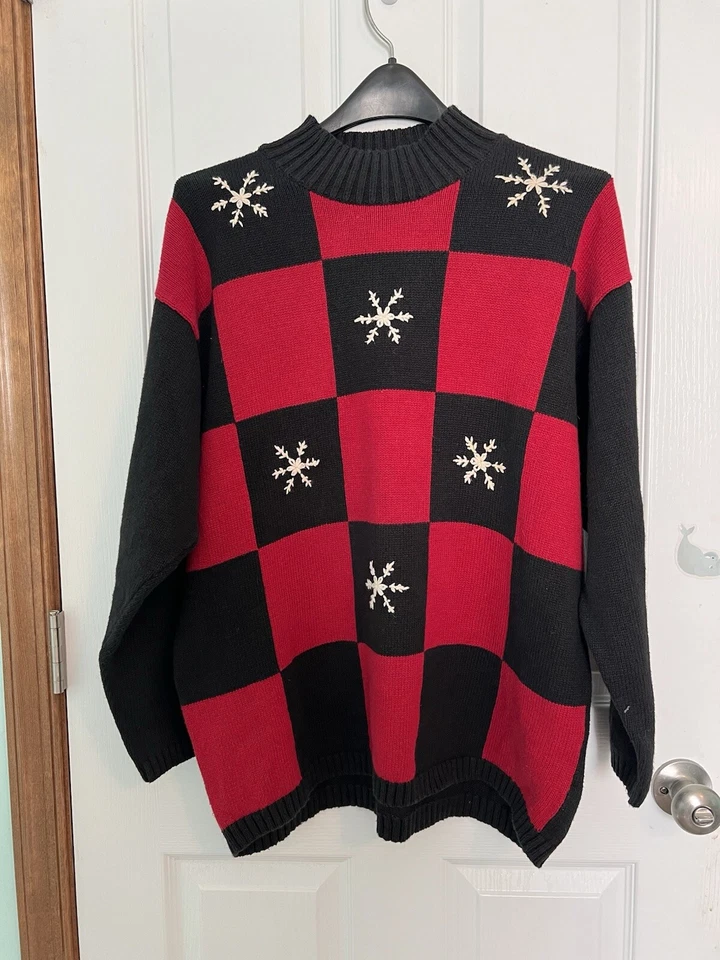 Liz Claiborne Black And Red Check Snowflake Sweater XL - Image 1 of 4