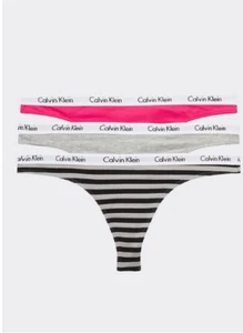 Calvin Klein Ladies Thong String 3 Pack Pink Grey Rainer stripe ES 3XL - Picture 1 of 4