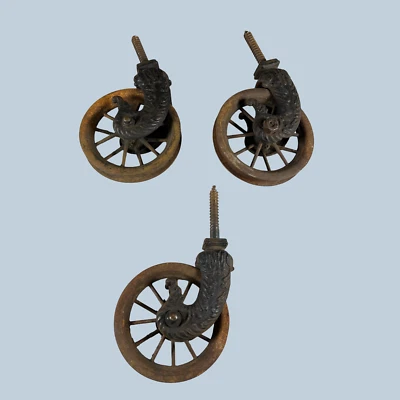 Juego de 3 ruedas giratorias antiguas vintage de hierro fundido de acero ornamentado Foto 1 de 4