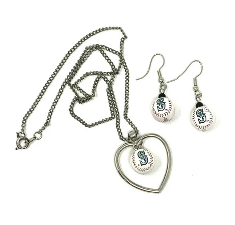 MLB Seattle Mariners Baseball Necklace and Earring Set Silver Tone Chain Heart Cover