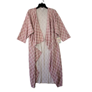 LuLaRoe Shirley Women Pink Plaid Drape Front Long Cover Up 3/4 Sleeve Size L NWT - Picture 1 of 9