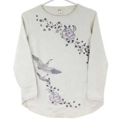 Suéter para mujer Style & Co. Petite bordado floral y grulla, mediano, blanco Foto 1 de 3