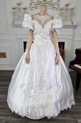 Vestido de Noiva Alfred Angelo Vintage Anos 80 Anos 90 Cetim Branco Manga Longa tamanho 12 - Imagem 1 de 4