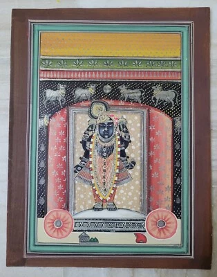 Antique Old Hand Painted Indian Miniature Shrinathji Charbhuja Paper Painting - Image 1 of 4